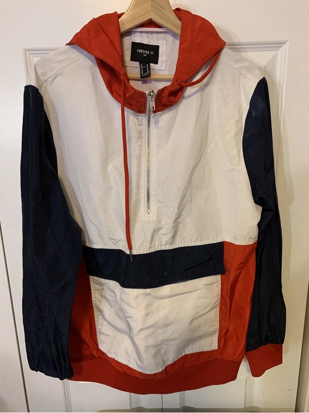 Forever 21 Mens Sz M Nylon Windbreaker Jacket Shiny Silky Glanz Red White Blue